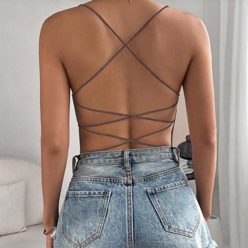 Women’s Strappy Criss Cross Open Back Brown Bodysuit Large